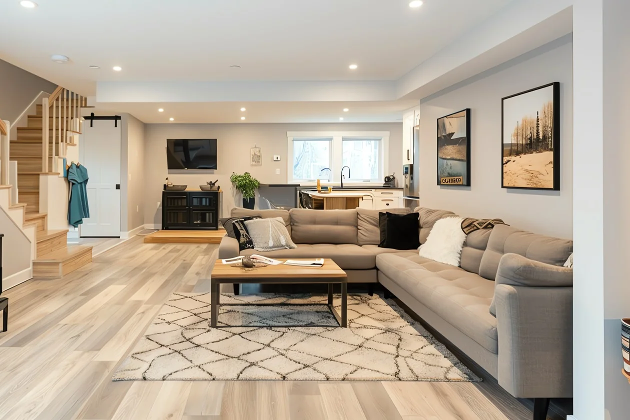 Bright renovated basement converted into living space by bathroom contractors near me